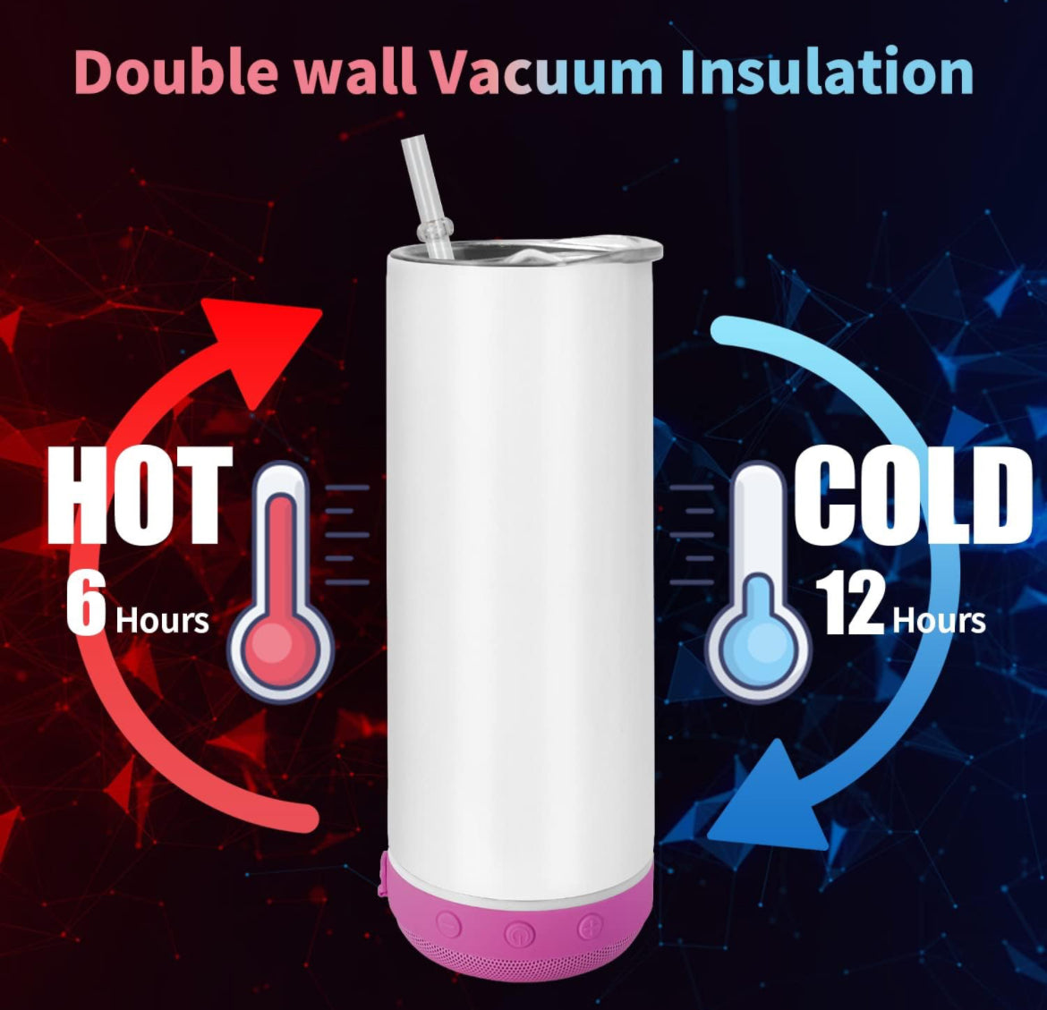 The Black Edition 20oz Tumbler by Kreative Kreationz offers a sturdy design with a white body and pink base. It includes a spill-proof lid and straw for mess-free convenience. Featuring double wall vacuum insulation, it keeps drinks hot for up to 6 hours and cold for up to 12 hours, as depicted by red and blue arrows with thermometers.