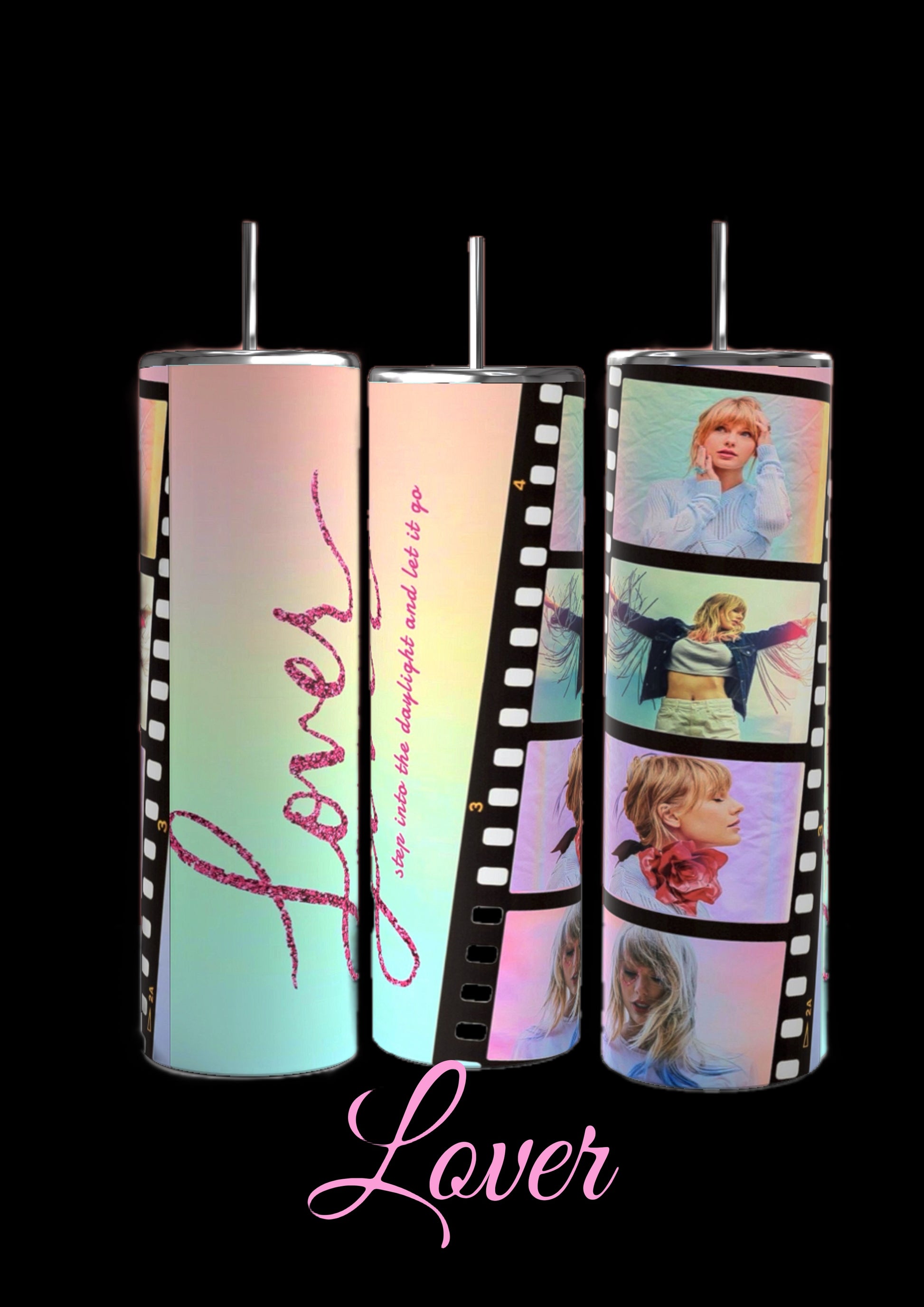 Image of seven cylindrical tumblers, each adorned with collage designs representing different Taylor Swift music albums. These Taylor Swift ERAS 20oz Tumblers by Kreative Kreationz are labeled "Debut," "Speak Now," "1989," "Lover," "RED," and twice as "Reputation." Each durable drinkware piece showcases photos and thematic elements from the corresponding album.