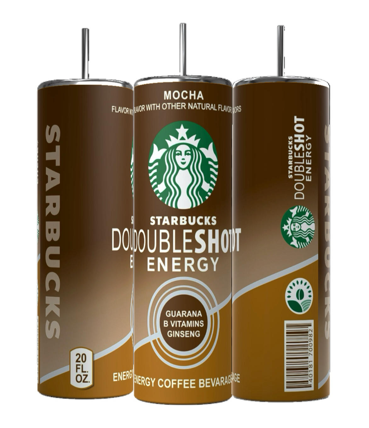 Featuring the iconic Starbucks logo, three cans of Starbucks Doubleshot Energy in Mocha flavor are designed with a brown aesthetic accented in white and green, similar to a 20oz Energy Shot Tumbler by Kreative Kreationz. Each 15 fl. oz. can highlights invigorating ingredients such as guarana, B vitamins, and ginseng for an energizing experience.