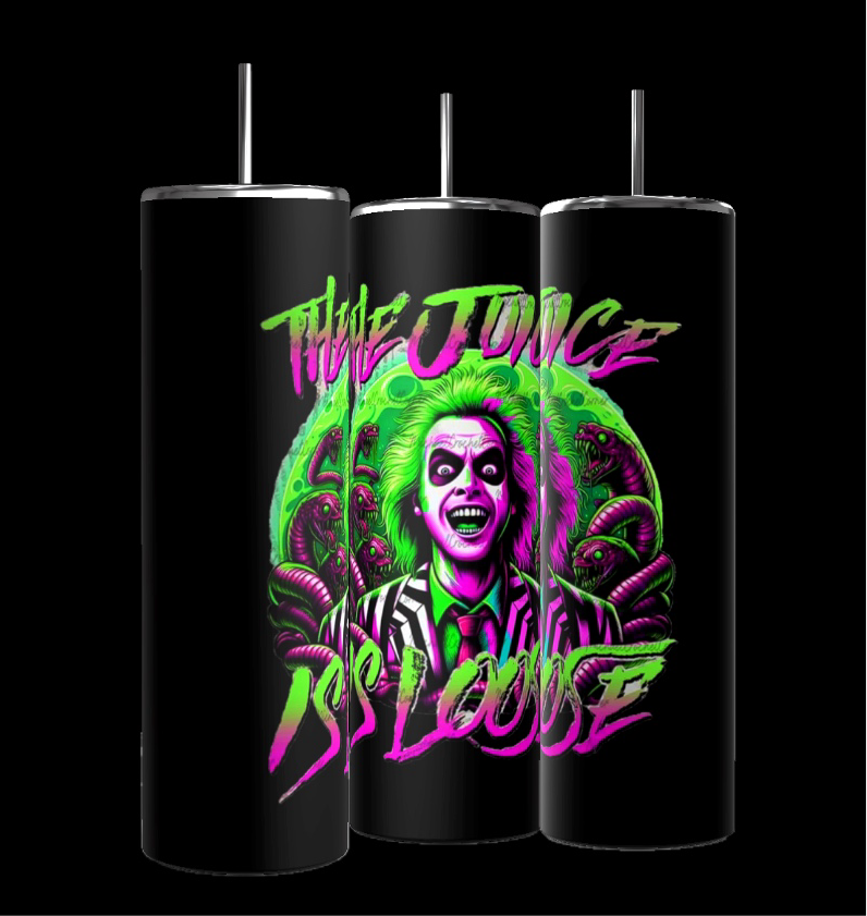 A set of three tall, cylindrical Kreative Kreationz Beetlejuice 20oz Tumblers is displayed. Each tumbler features a vibrant neon design of a grinning, green-haired figure in a striped suit with "The Juice is Loose" written in bold, graffiti-style font. The drinkware includes bright green and pink accents.