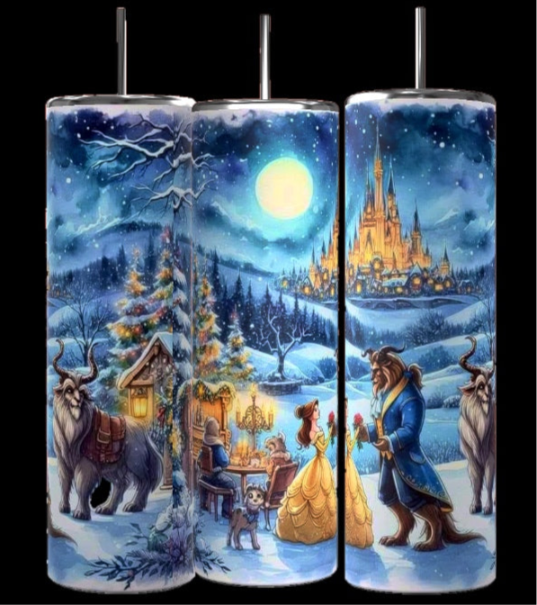 A set of three beautifully crafted 20oz Beauty & The Beast tumblers by Kreative Kreationz showcases a snowy fairytale scene. Each tumbler features a cozy cottage, a couple seated at a table, and a majestic beast presenting a rose. A castle majestically looms in the background as animals gather under the full moon and starry sky, all complete with spill-proof lids for your peace of mind.