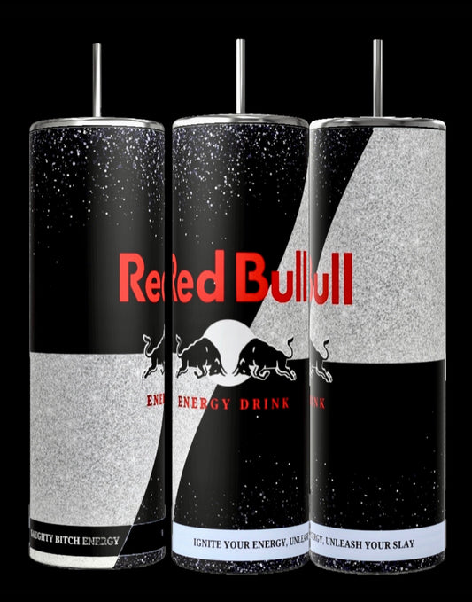 A collection of Kreative Kreationz Black Edition 20oz tumblers, featuring a mix of black and white designs with red text, highlights their durable construction.