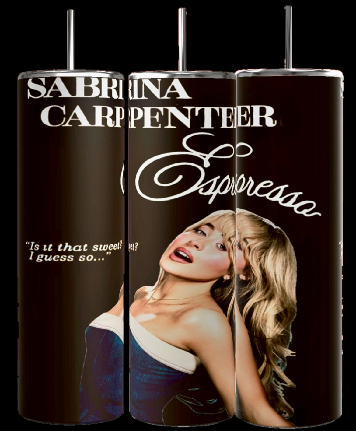 A collage of nine images showcases the Sabrina Carpenter | Expresso Collection of 20oz Tumblers by Kreative Kreationz, each featuring unique designs of a woman in various poses and outfits. The text "Sabrina Carpenter Expresso" is prominently displayed on all designs. These tumblers come with spill-proof lids, and the background colors range from light blue to dark brown.