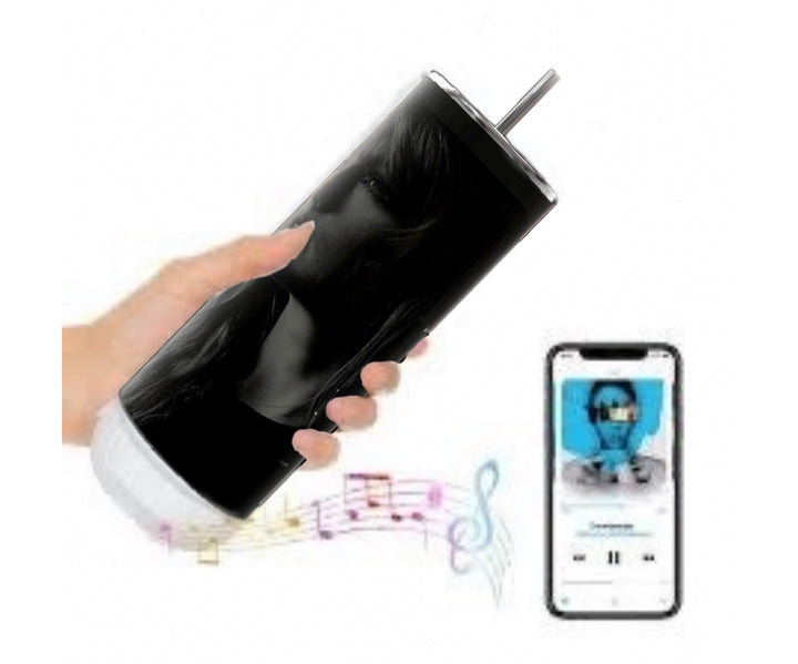 Three TTPD Bluetooth Tumblers by Kreative Kreationz, featuring a black cylindrical design with pink bases, are displayed. Each tumbler showcases a statue motif and the initials "MP." On the left, a smartphone screen displays a music app. A USB charging cable and a lid are placed beside the tumblers, with musical notes in the background.