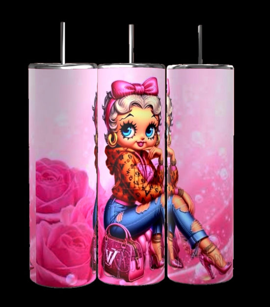 A set of three tall, pink Betty B Bougie 20oz Skinny Tumblers from Kreative Kreationz features the iconic character with big eyes, a pink bow, leopard print jacket, and ripped jeans. She sits beside roses and a designer bag on a sparkly pink background.