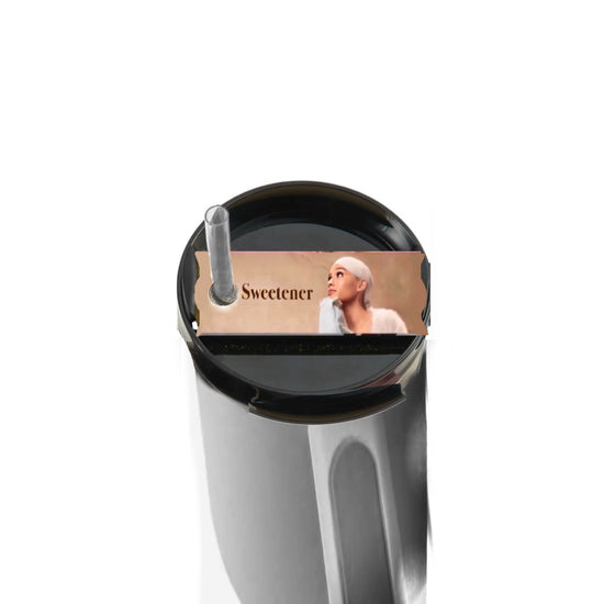 Three cylindrical containers are topped with images resembling Kreative Kreationz's Ariana Grande Stanley lid Plate/Toppers. The top container has an image labeled 