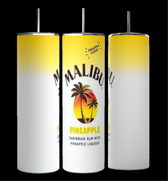 Image showing a collection of Malibu 20oz Tumblers from Kreative Kreationz. Six vibrant, 20 oz capacity tumblers are beautifully arranged in two rows, showcasing flavors like Original, Pineapple, and Lime. Each tumbler features tropical colors along with the iconic Malibu logo depicting a palm tree. Perfect for pairing with an eco-friendly MALIBU tumbler and reusable straw.
