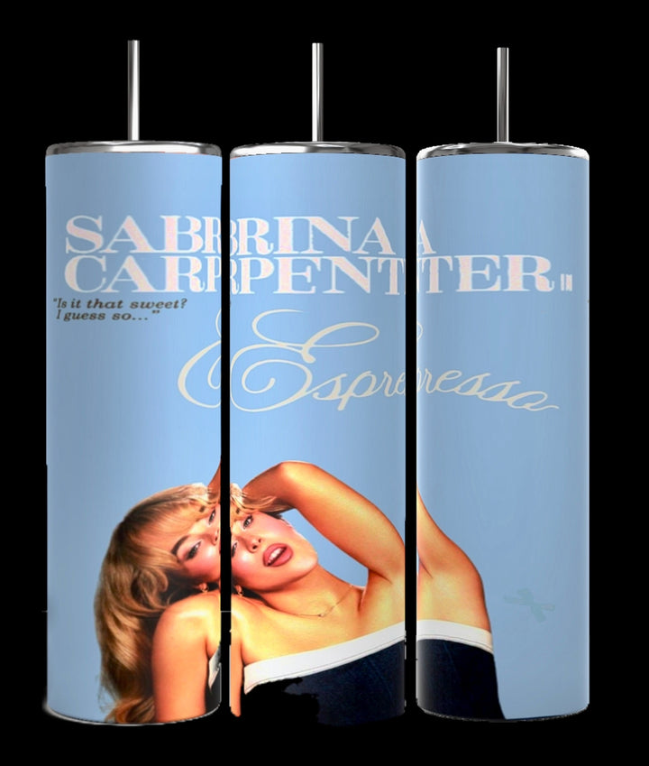 A collage featuring ten panels of various designs, primarily in blue and brown shades, promoting the "Sabrina Carpenter | Expresso Collection of 20oz Tumblers" from Kreative Kreationz. Each panel displays a woman in different poses with coffee-themed graphics and text like "S. Pressso out now." Discover the durable construction and stylish design of these 20 oz tumblers. Vertical text on the right reads "Sabrina Carpenter Expresso.