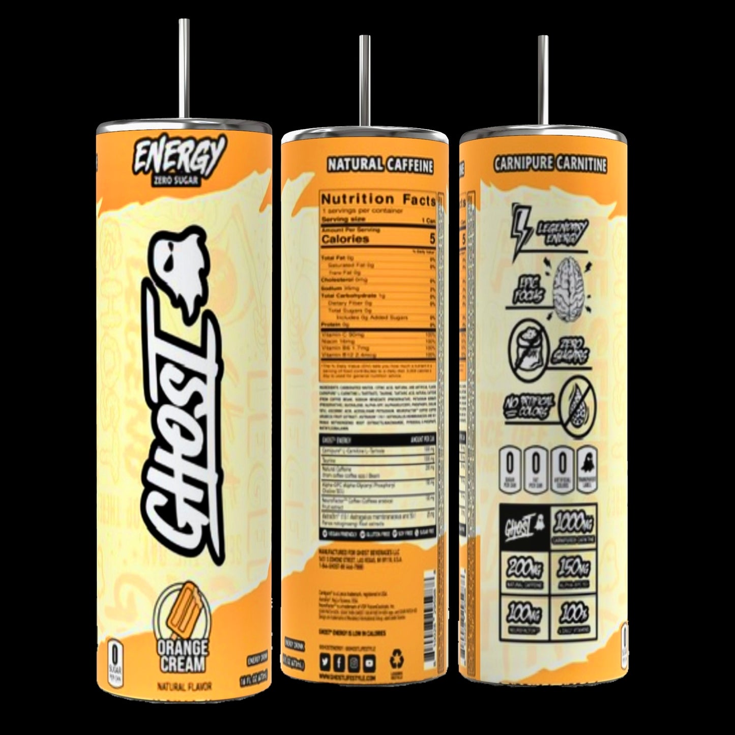 Three cans of Ghost energy drink are displayed alongside the stylish GHOST 20oz Skinny Tumbler with a reusable straw by Kreative Kreationz, perfect for keeping beverages hot or cold. The predominantly yellow cans with red accents feature the "Sour Patch Redberry" flavor. Natural caffeine, zero sugar, and supplement facts are highlighted.