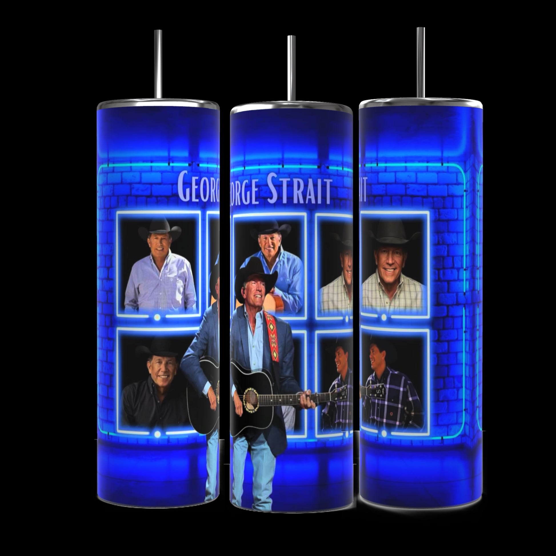 The George Straight 20oz Stainless Steel Tumblers by Kreative Kreationz feature a blue neon-themed design showcasing a man in various poses with a guitar and wearing different cowboy outfits. The name "George Strait" is prominently displayed at the top.