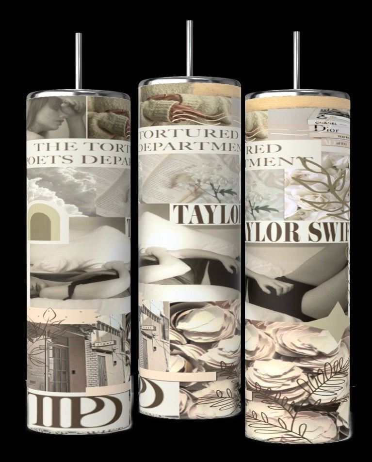 3 tall cylinder tumblers showing all sides of the beige colored sublimated image on the tumbler with a picture of Taylor Swift from her new TTPD era, with the words “Taylor swift”, TTPD, “the Tortured Poets Department” written in the image with other key images from the TTPD era