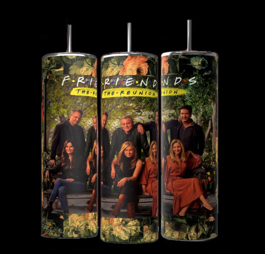 Three cylindrical tumblers are displayed against a black background. Each Kreative Kreationz The Reunion Friends TV Show 20oz Tumbler features an image of a group of people sitting and standing in front of a lush, green background with the text "F.R.I.E.N.D.S The Reunion" at the top, complete with double-wall insulation and a reusable straw.