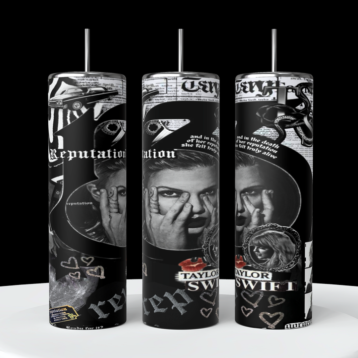 Kreative Kreationz's Reputation 13 20oz Tumblers showcase a collage of black-and-white images and text inspired by Taylor Swift's "Reputation" album. Featuring durable construction, these tall tumblers are adorned with Taylor Swift's face, newspaper clippings, and the words "Reputation" and "Taylor Swift.