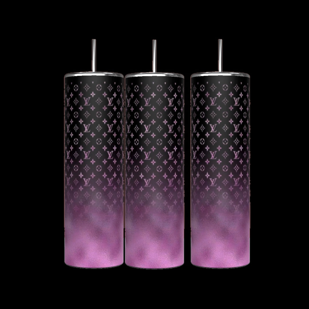 Three LV 20oz Tumblers by Kreative Kreationz, each with a sleek black background and featuring a white and gradient red design with metallic straws. These cylindrical tumblers are adorned with Louis Vittin's iconic overlapping symbols and initials, showcasing durable construction while offering a 20 oz capacity.