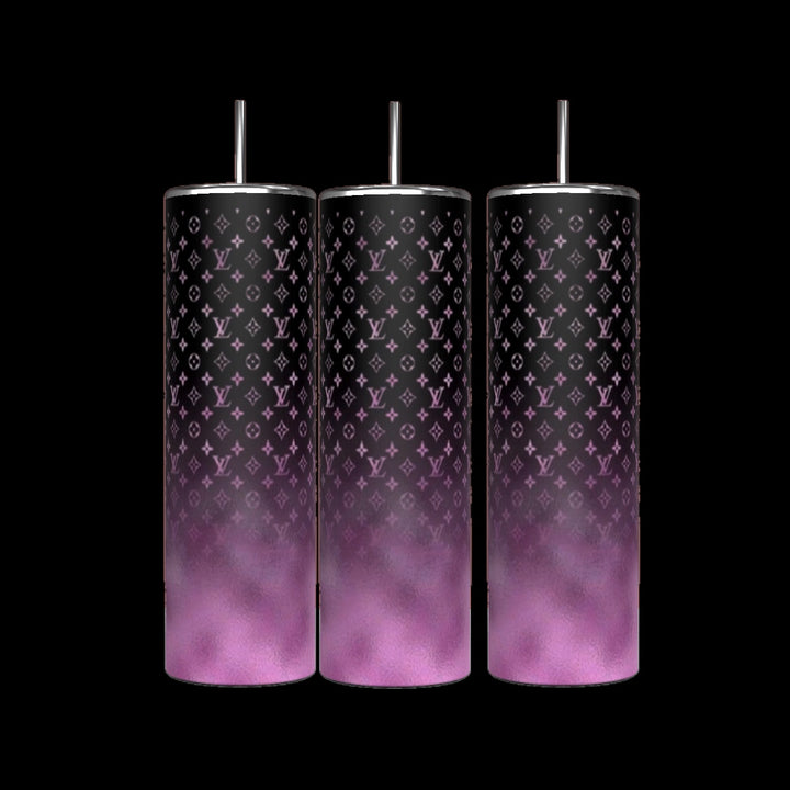 Three LV 20oz Tumblers from Kreative Kreationz, featuring spill-proof metallic lids and straws, are displayed against a black background. They have a purple-to-black gradient with a subtle pattern.