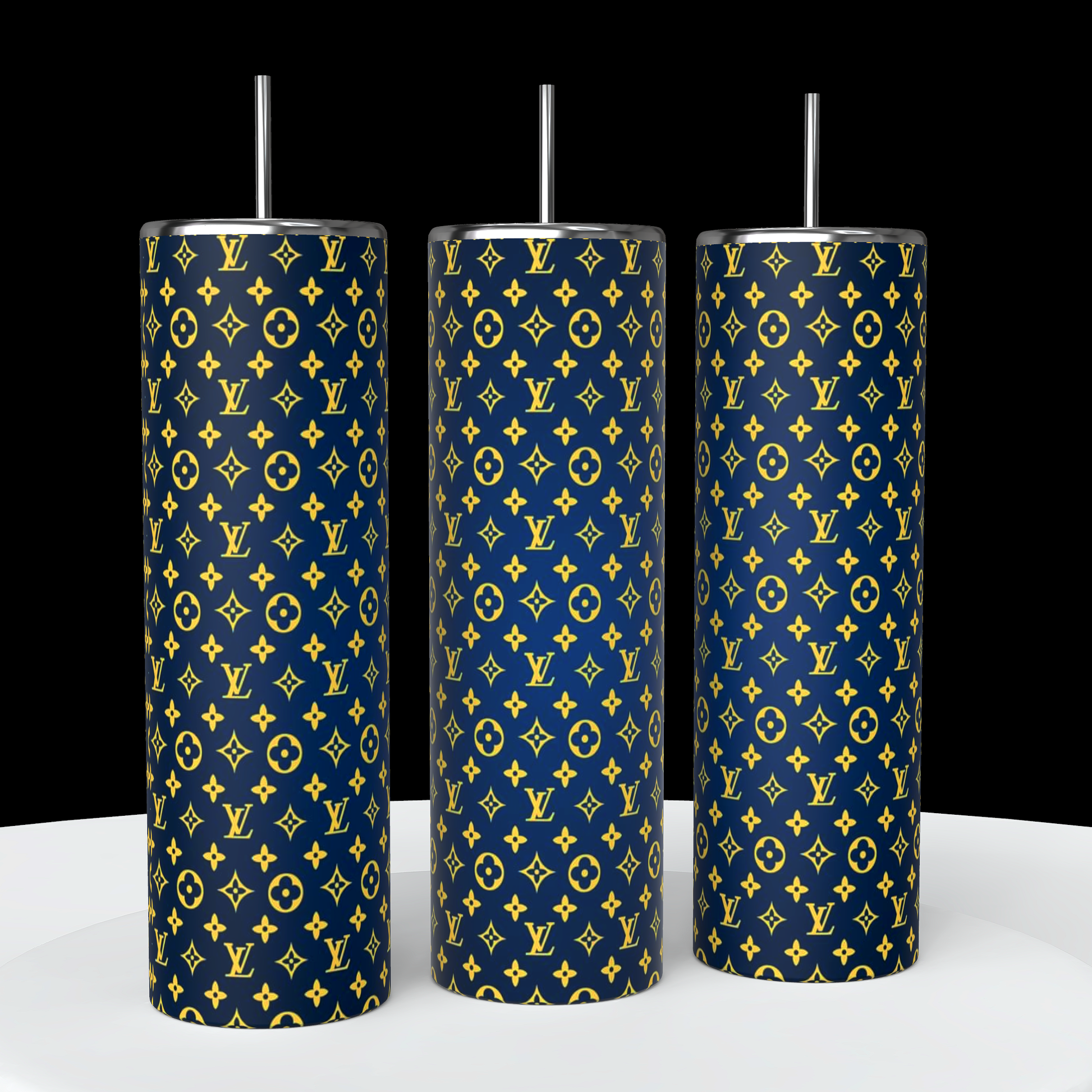 Three tall cylinders in front of a black background on a white pedestal, showing a 20 ounce Tumbler from all sides,
 at a 360° angle, black 
LV  letter repeated throughout design design on gray to white ombre background 