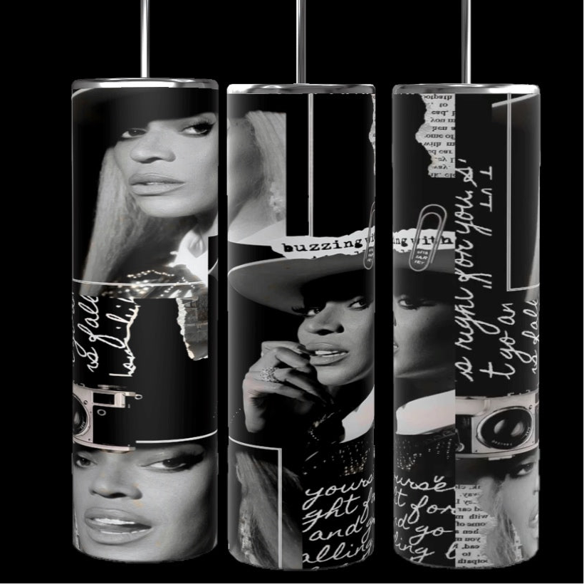 A set of three tall, glossy tumblers featuring a monochrome collage of Beyonce in various poses. The design includes handwritten text, a vintage camera graphic, and a white hat. These personalized cups have metal straws inserted on top and a black background.