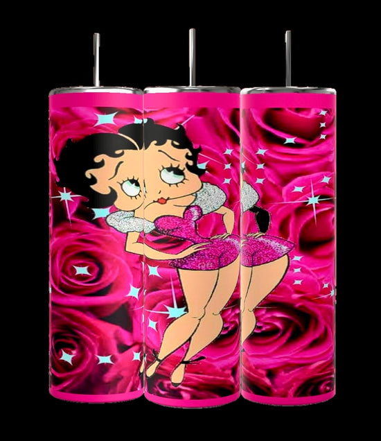 Three Betty B 20oz Skinny Tumblers by Kreative Kreationz with a pink rose background feature a cartoon character in a sparkly pink outfit, short black hair, large eyes, and a playful expression. Reminiscent of classic Betty Boop style.