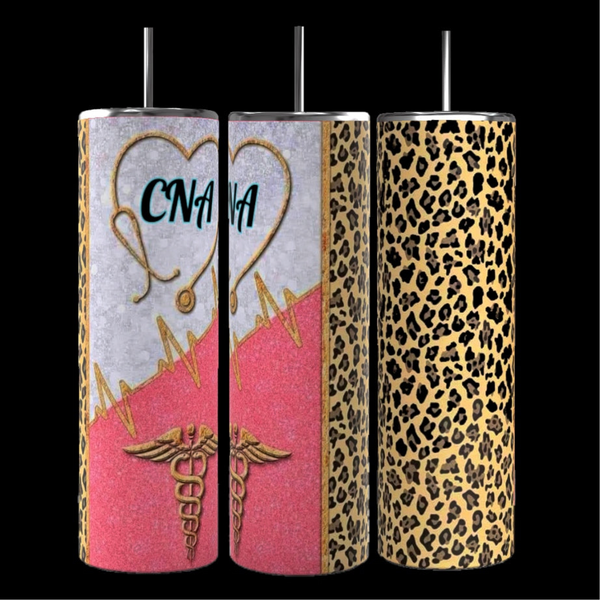 Three tall, cylindrical Kreative Kreationz CNA 20oz Skinny Tumblers with black straws are shown. The first tumbler has a heart with "CNA" and medical symbols, the second features a heart and caduceus symbol, and the third is adorned with a leopard print pattern. Each boasts durable construction and 20 oz capacity.