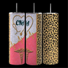 Three tall, cylindrical Kreative Kreationz CNA 20oz Skinny Tumblers with black straws are shown. The first tumbler has a heart with 