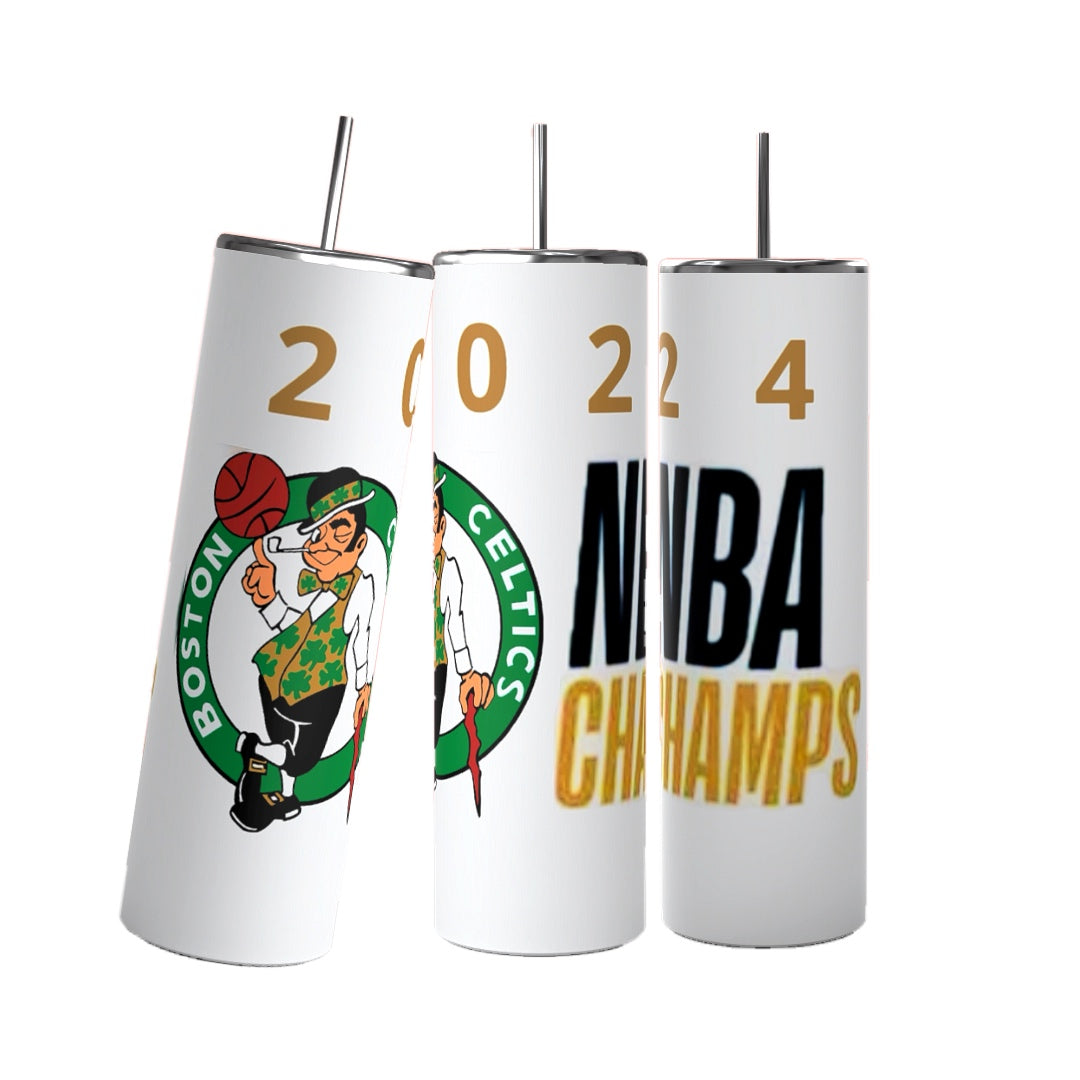 Three white Boston Celtics 2024 Champs Custom 20oz Tumblers by Kreative Kreationz are displayed in a row against a black background. The left tumbler features the Boston Celtics logo, the middle tumbler shows the digits "2024," and the right tumbler has the text "NBA Champs" in bold letters. These personalized tumblers make perfect memorabilia.