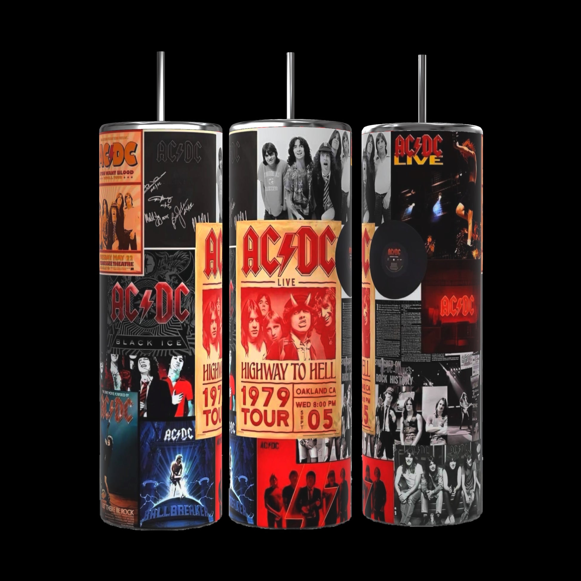 Three ACDC 20oz Tumblers by Kreative Kreationz are featured against a black background. Each tumbler comes with a spill-proof lid and boasts a cylindrical design that vibrantly showcases collage-style images and graphics from AC/DC, including album covers, band photos, and tour posters in bold red, black, and white.