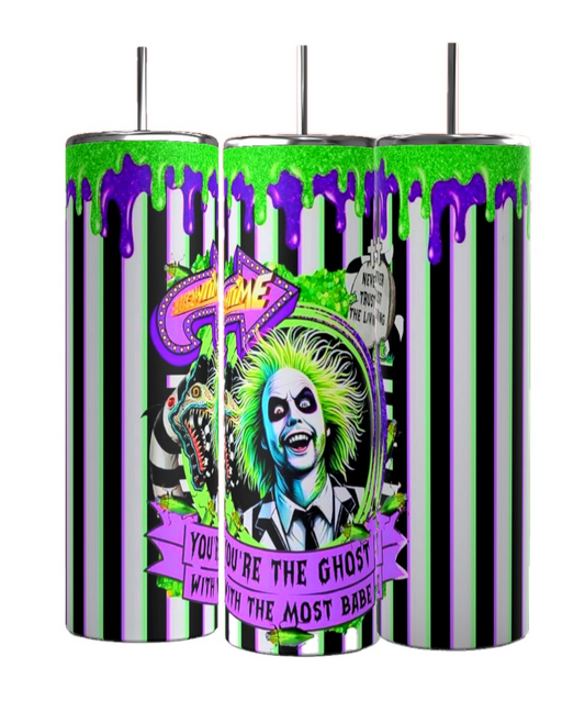 Kreative Kreationz offers Beetlejuice Striped 20oz Tumblers featuring a green-haired character, purple slime, and the slogan "You're the ghost with the most, babe!" One tumbler has a monster design. Each comes with a reusable straw, perfect for Halloween drinkware.