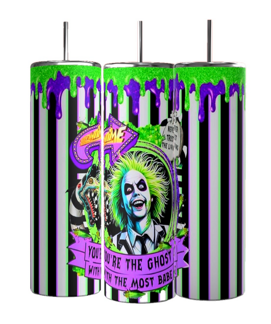 Kreative Kreationz offers Beetlejuice Striped 20oz Tumblers featuring a green-haired character, purple slime, and the slogan 