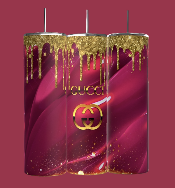 Three tall, cylindrical 20oz Gucci Pink Drip tumblers by Kreative Kreationz are set against a deep pink background. They feature a glossy pink and gold design with "GUCCI" and a double-G logo, enhanced with gold glitter drips for a luxurious touch.