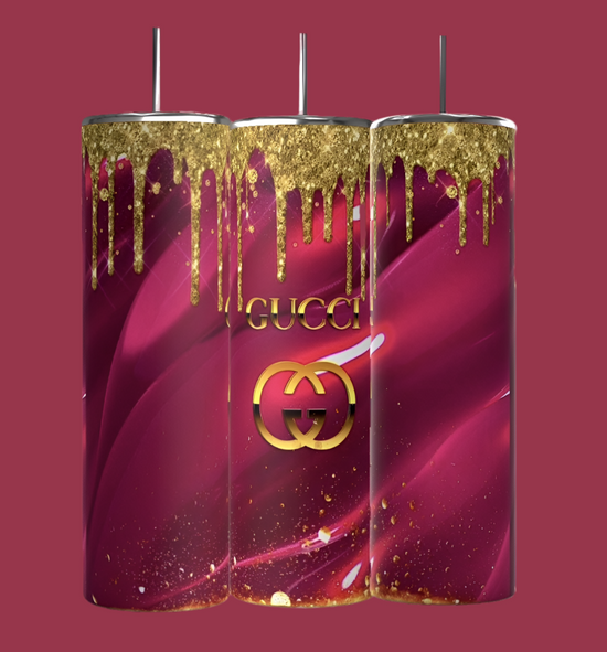 Three tall, cylindrical 20oz Gucci Pink Drip tumblers by Kreative Kreationz are set against a deep pink background. They feature a glossy pink and gold design with 