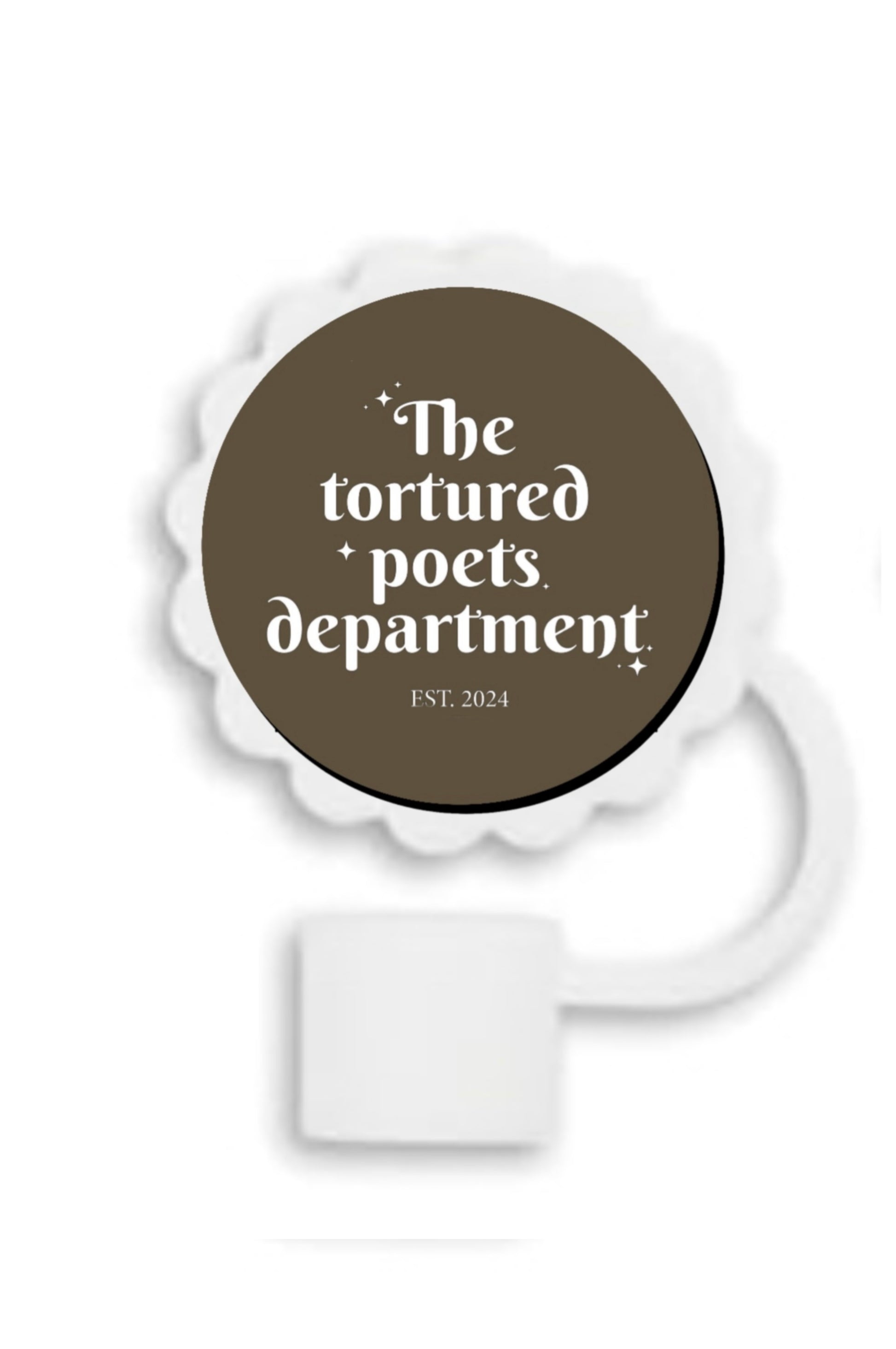 A white mug boasts a brown, round, scalloped-edged design featuring the text "The tortured poets department. EST: 2024." Ideal to pair with your Stanley tumbler and Kreative Kreationz's TTPD Straw Cover for a poetic touch in every sip.