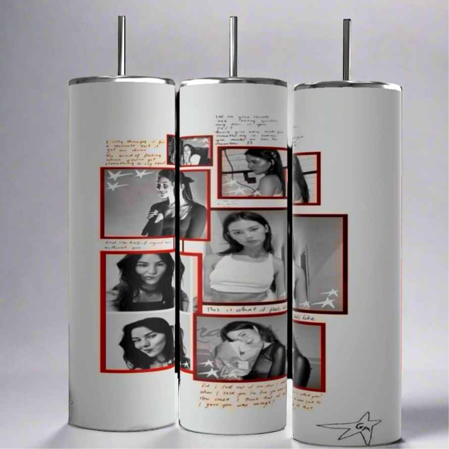 Three cylindrical art pieces, resembling the Gracie Abrams 20oz Skinny Tumbler from Kreative Kreationz, feature black-and-white photos of a woman in various poses. Each photo is surrounded by red rectangular frames, with handwritten notes and sketches decorating the margins. Crafted with durable construction, their plain gray background adds a minimalist touch.