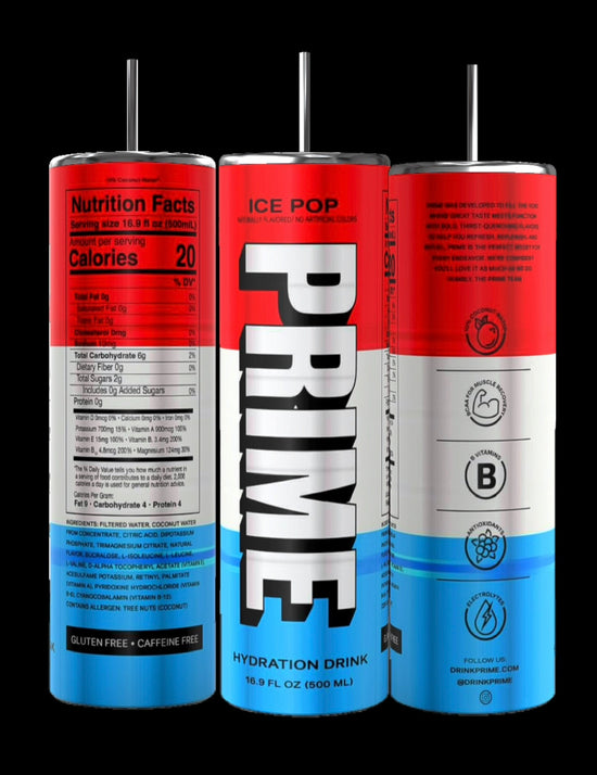 Three cans of Prime Hydration Drink in Meta Moon flavor are displayed. The cans are silver with black and white text. The front can shows the Prime logo, the left can displays nutrition facts, and the right can lists product features and bar code. Perfect for filling your PRIME 20 ounce tumbler from Kreative Kreationz!