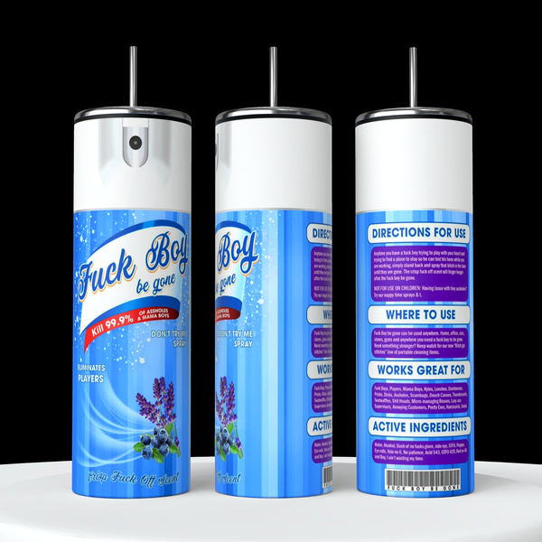 Three durable aerosol cans with pink labels and white caps are displayed. The front can reads "Fuck off Fuck Boy Spray 20oz Tumbler" from the brand Kreative Kreationz, highlighting features like "Kills 99.9% of Players" and "Don't Try Me Spray." The back cans provide usage directions, ingredients, and additional information in small text.