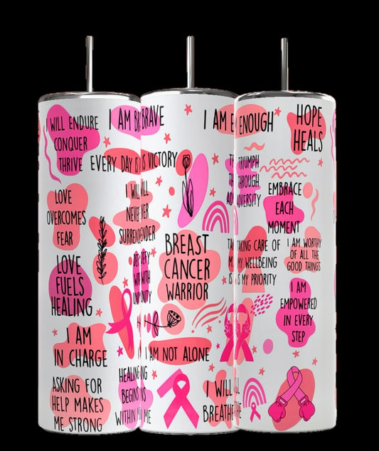 Kreative Kreationz offers Breast Cancer Survivor 20oz Skinny Tumblers, featuring sublimation designs with pink ribbons, hearts, and texts like "I am brave" and "Hope heals." These high-quality tumblers have a white backdrop and double-wall insulation to maintain the ideal drink temperature.