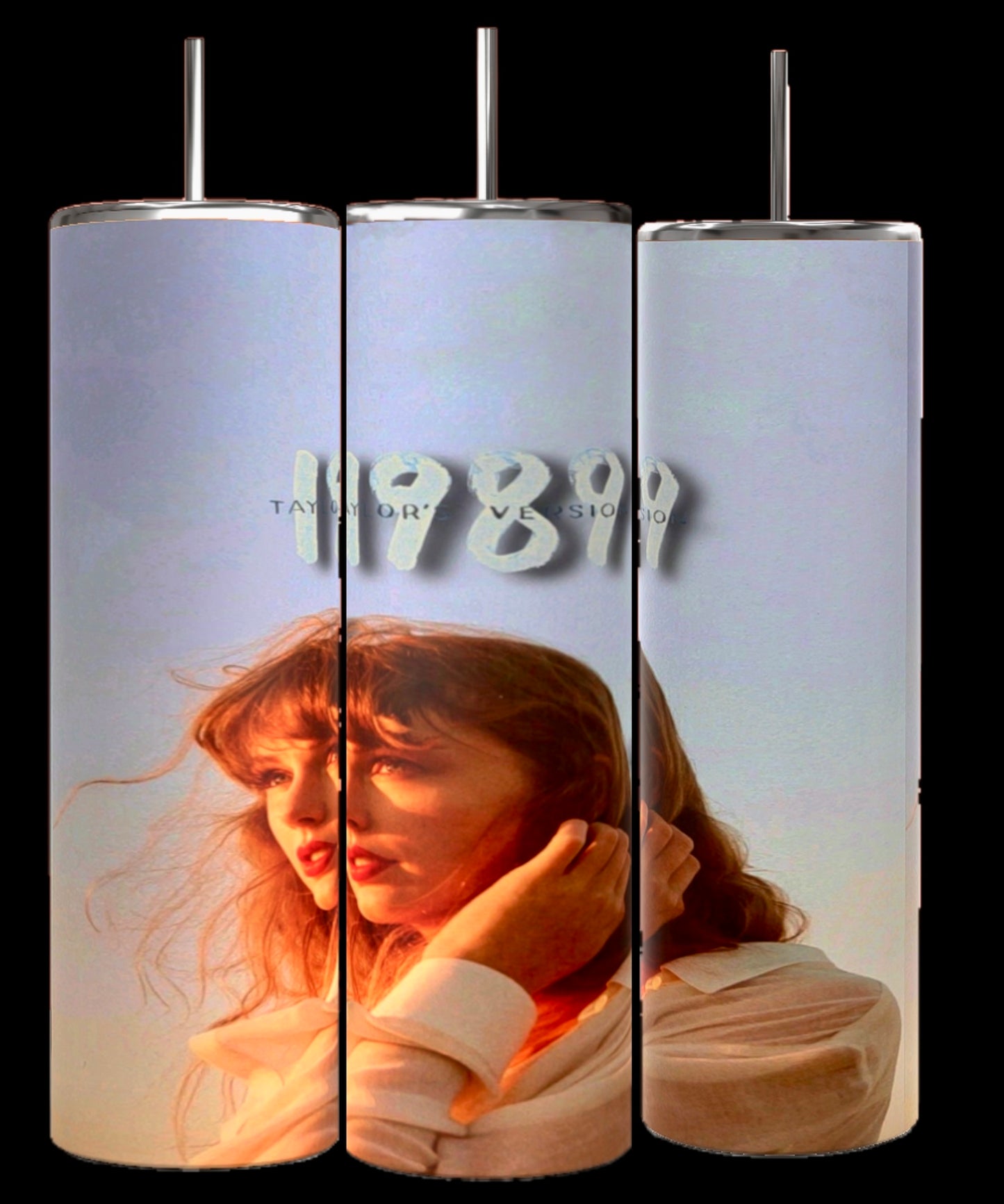 Three 1989 Series | Taylor Swift 20oz Tumblers by Kreative Kreationz are shown, each featuring an image of a woman with long hair holding her head and looking to the side. Text on the tumblers reads "1989 Taylor's Version". The background is a clear sky with warm, golden light.