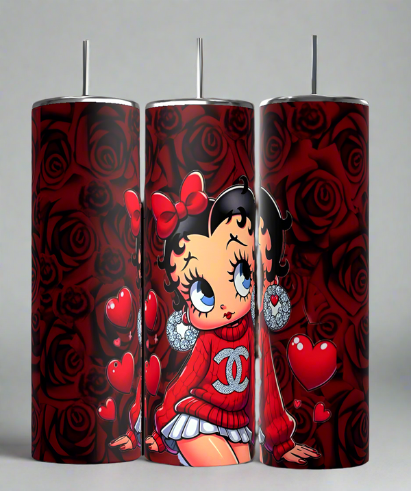 Three decorative candles depict a cartoon character with large eyes and a red outfit, reminiscent of the Betty B 20oz Skinny Tumbler by Kreative Kreationz, surrounded by rose patterns and heart motifs on a rich red background with black rose designs.