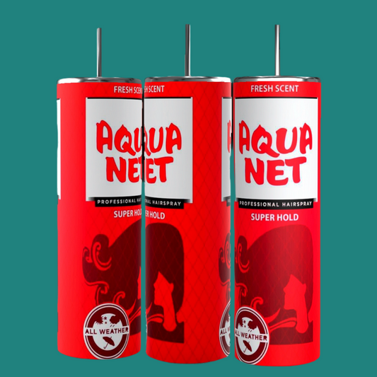 Three red and white cans of Aqua Net professional hairspray with the label "SUPER HOLD" and "FRESH SCENT." The cans feature red graphics, the Aqua Net logo, and a prancing horse symbol at the bottom, all set against a solid teal background—perfectly complementing your Kreative Kreationz Aqua Net Double Sided 20oz Tumbler.