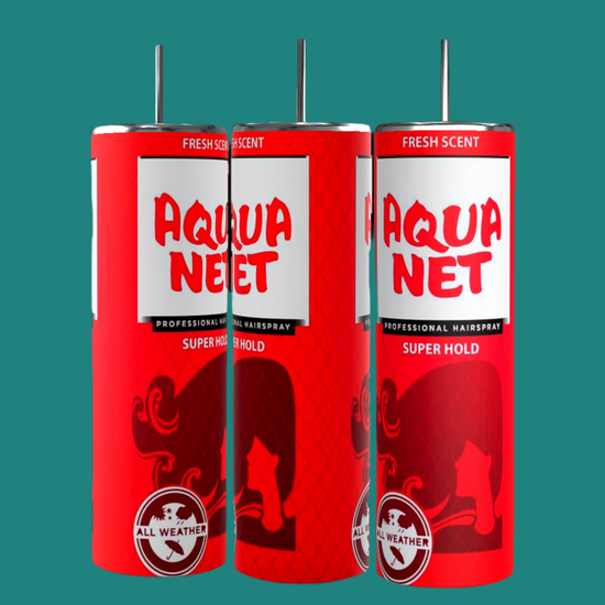 Three red and white cans of Aqua Net professional hairspray with the label 