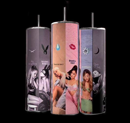 Three Ariana Grande Albums 20oz Stainless Steel Tumblers from Kreative Kreationz against a black background, each featuring unique designs of a woman in various poses along with illustrations such as a bunny symbol, teardrop, and lips that represent different themes and eras.