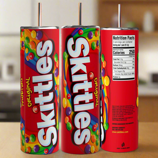 Three tall, cylindrical containers from the Kreative Kreationz brand are displayed. The front features the colorful Skittles logo along with assorted candy images. The middle container shows the back with nutritional facts, while the far left presents a Kreative Kreationz Skittles 20oz Stainless Steel Tumbler that keeps beverages hot or cold.