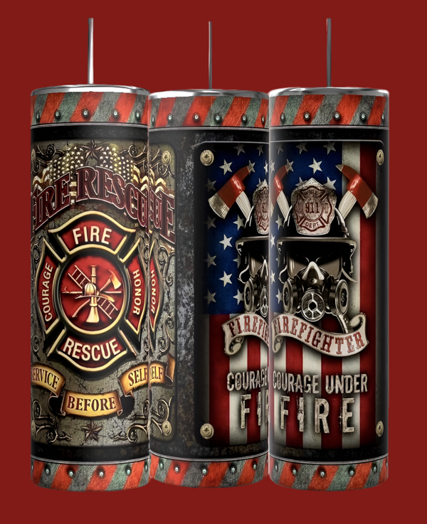 Kreative Kreationz presents the Fire Rescue 20oz Skinny Tumblers, featuring firefighter-themed designs. Durable and tall, each tumbler showcases helmets, axes, shields, and phrases like "Courage Under Fire" set against a vivid red backdrop with American flag motifs.