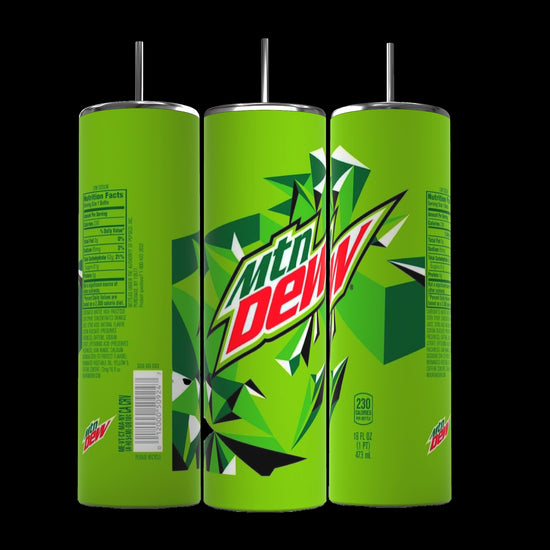 Three cylindrical green soda cans of Mountain Dew are arranged side by side. The cans feature bold white and red Mountain Dew logos and geometric designs. Nutritional information and branding details are visible. Each can is 20 fluid ounces (591 milliliters), perfect to fit in your Kreative Kreationz Mountain Dew Soda 20oz Skinny Tumbler for on-the-go refreshment.