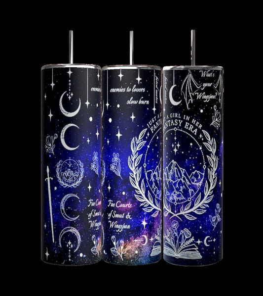 The Just a Girl Fantasy Era 20oz Tumblers by Kreative Kreationz, part of our drinkware collection, showcase a durable build and display a cosmic design featuring stars, moons, and text. Phrases such as "enemies to lovers" and "What's your Wingman?" decorate the dark blue background among constellations and mountains.