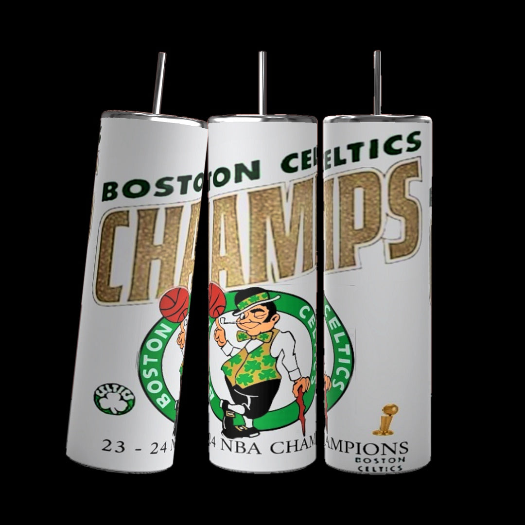 Three tall, white Celtics Champs custom 23-24 20oz Tumblers from Kreative Kreationz feature the Boston Celtics logo and text reading "Boston Celtics Champs 23-24 NBA Champions." A leprechaun with a basketball is also depicted, along with a small championship trophy at the bottom. Each tumbler boasts a durable construction.