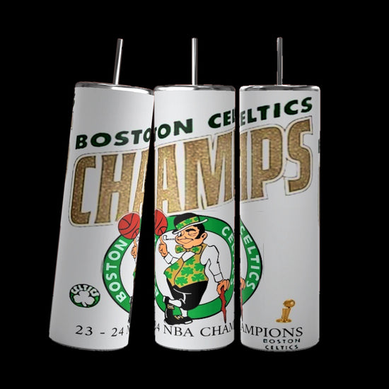 Three tall, white Celtics Champs custom 23-24 20oz Tumblers from Kreative Kreationz feature the Boston Celtics logo and text reading 