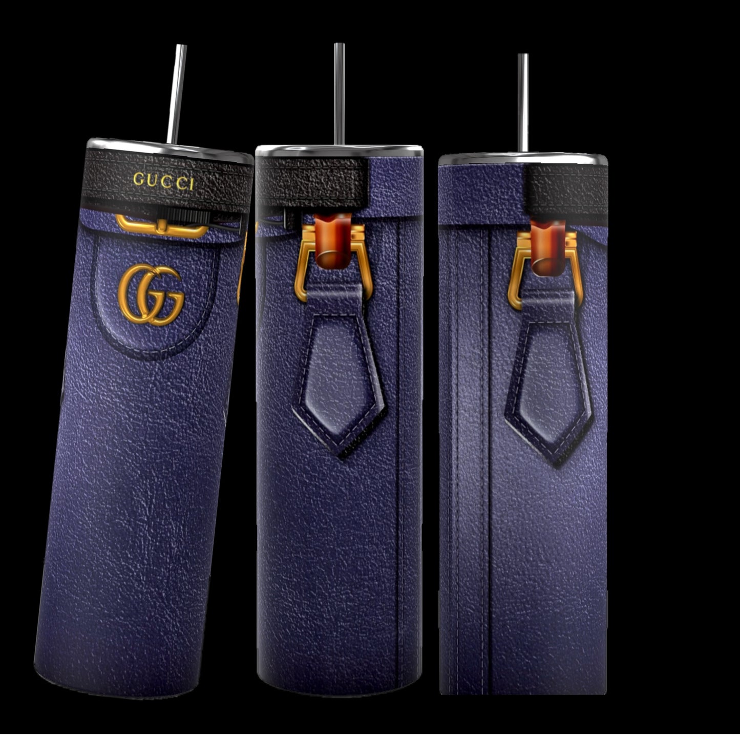 Three tall, cylindrical Gucci Diana-inspired purple tumblers from Kreative Kreationz, featuring a leather-like texture, gold Gucci logos, and black straws, stand on a cobblestone street. With durable construction and a 20 oz capacity, the focus remains on these stylish and luxurious cups against the softly blurred background.