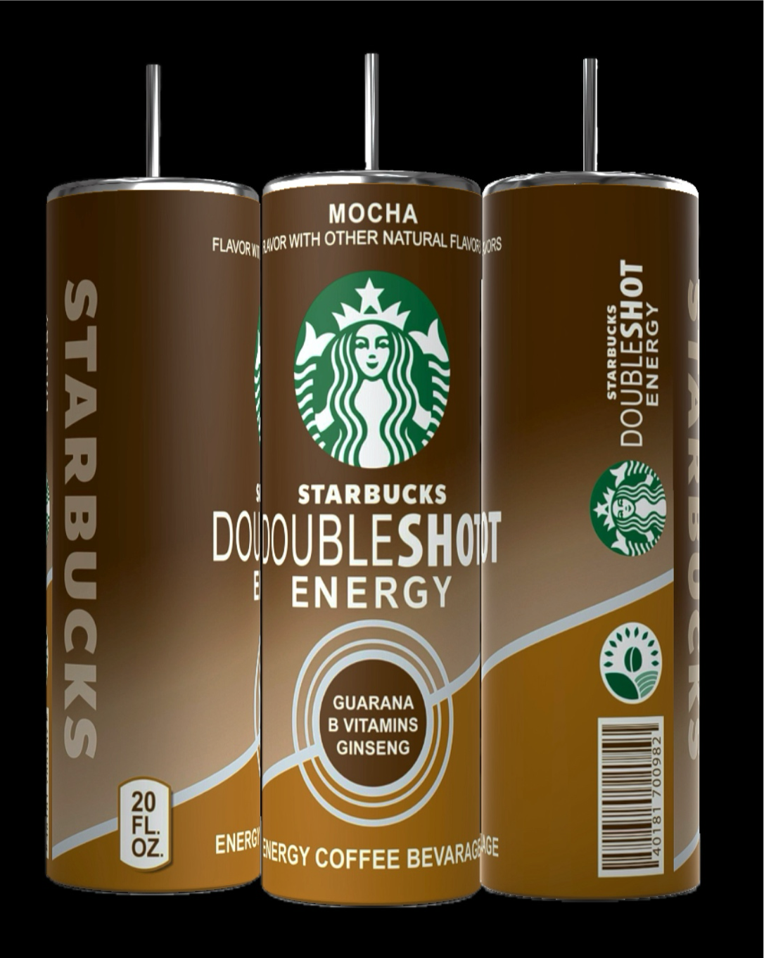 Three 20 oz cans of Kreative Kreationz Energy Shot in mocha flavor are displayed. The brown cans, resembling sleek tumblers, feature the iconic Starbucks logo and highlight ingredients like guarana, B vitamins, and ginseng. Perfect for keeping your energy levels up throughout the day.