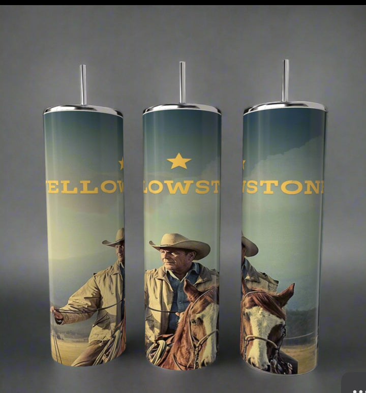 Kreative Kreationz's Yellowstone 20oz Tumblers include three tall, cylindrical tumblers with metal straws, featuring a cowboy on horseback and "YELLOWSTONE" in bold yellow. The green-brown gradient enhances the rustic feel, making them ideal for any adventure.