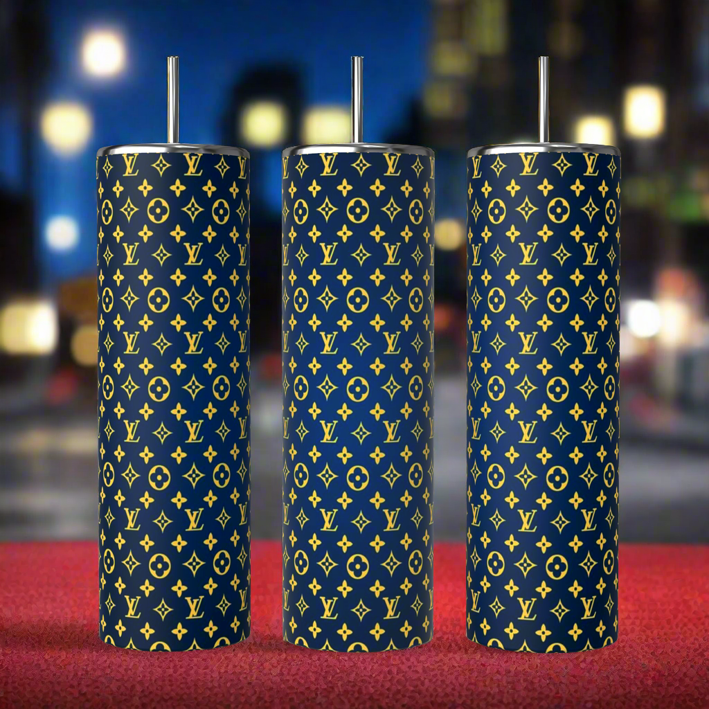 Three tall cylinders in front of a black background on a white pedestal, showing a 20 ounce Tumbler from all sides,
 at a 360° angle, black 
LV  letter repeated throughout design design on gray to white ombre background 